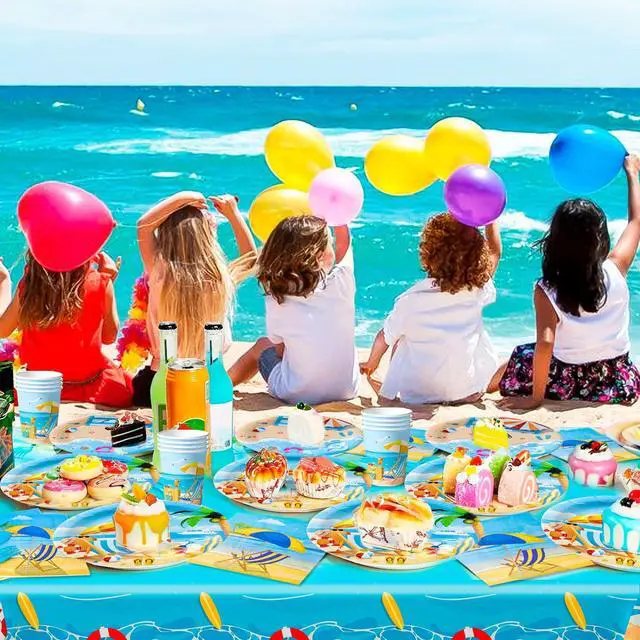 Alt view image 4 of 7 - Beach Party Supplies,141pcs Beach Plates And Napkins Party Supplies Includ Beach Theme Paper Plates Cups Napkins&Summer Beach Table Cloth etc Summer Beach Party Tableware for Beach Themed Party Decor