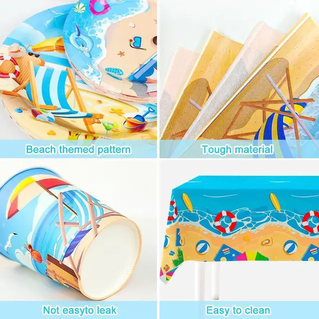 Alt view image 6 of 7 - Beach Party Supplies,141pcs Beach Plates And Napkins Party Supplies Includ Beach Theme Paper Plates Cups Napkins&Summer Beach Table Cloth etc Summer Beach Party Tableware for Beach Themed Party Decor