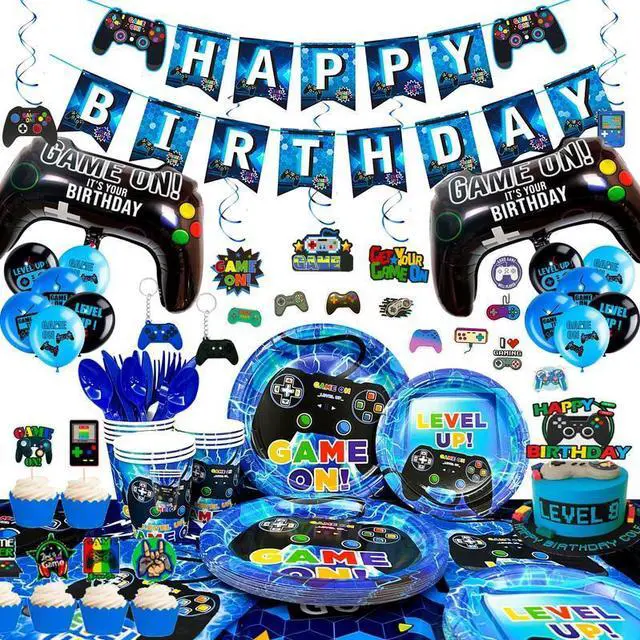 Main image of Video Game Birthday Decorations for Boys,213pcs Video Game Party Decorations&Tableware Set-Video Game Party Plates Cups Napkins Tablecloth Balloons Banner Hanging Swirls etc Gamer Party Supplies(Blue)