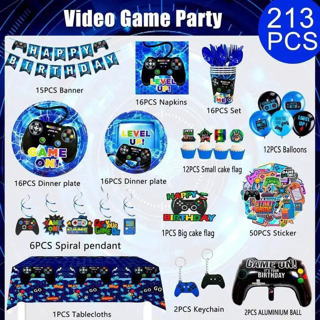 Alt view image 2 of 7 - Video Game Birthday Decorations for Boys,213pcs Video Game Party Decorations&Tableware Set-Video Game Party Plates Cups Napkins Tablecloth Balloons Banner Hanging Swirls etc Gamer Party Supplies(Blue)