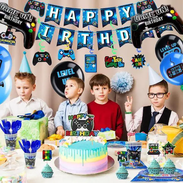 Alt view image 4 of 7 - Video Game Birthday Decorations for Boys,213pcs Video Game Party Decorations&Tableware Set-Video Game Party Plates Cups Napkins Tablecloth Balloons Banner Hanging Swirls etc Gamer Party Supplies(Blue)