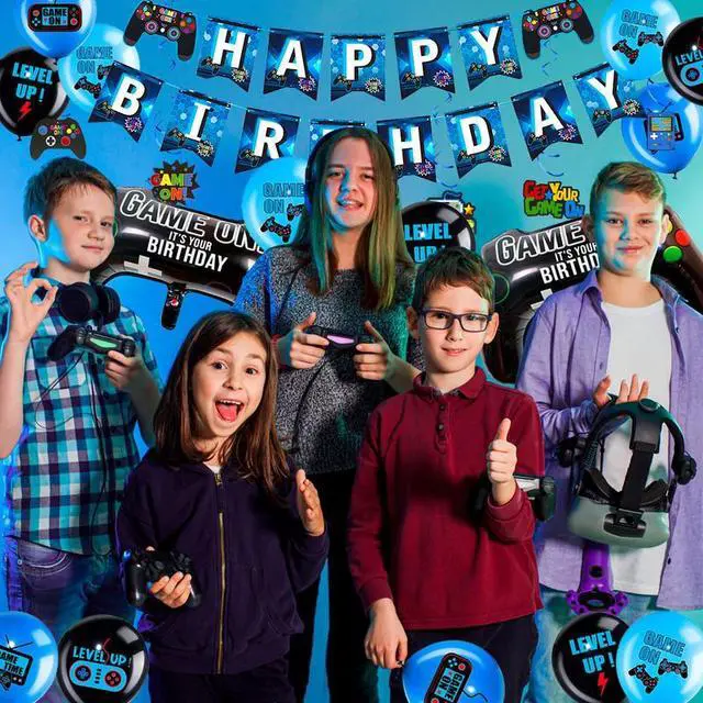Alt view image 3 of 7 - Video Game Birthday Decorations for Boys,213pcs Video Game Party Decorations&Tableware Set-Video Game Party Plates Cups Napkins Tablecloth Balloons Banner Hanging Swirls etc Gamer Party Supplies(Blue)