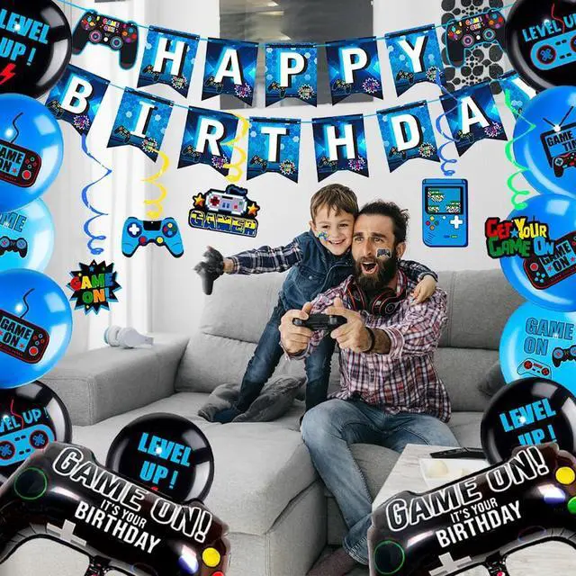 Alt view image 6 of 7 - Video Game Birthday Decorations for Boys,213pcs Video Game Party Decorations&Tableware Set-Video Game Party Plates Cups Napkins Tablecloth Balloons Banner Hanging Swirls etc Gamer Party Supplies(Blue)