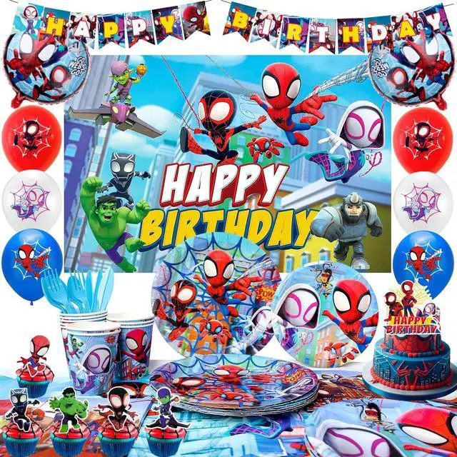 Main image of 114 Pcs Spiderman Birthday Decorations and Party Tableware Set - Spiderman Decorations Balloons Banners and Spiderman Tablecloths Plates Cups Napkins etc Little Spiderman and Friends Party Supplies