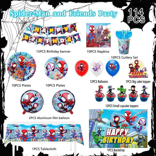 Alt view image 2 of 7 - 114 Pcs Spiderman Birthday Decorations and Party Tableware Set - Spiderman Decorations Balloons Banners and Spiderman Tablecloths Plates Cups Napkins etc Little Spiderman and Friends Party Supplies