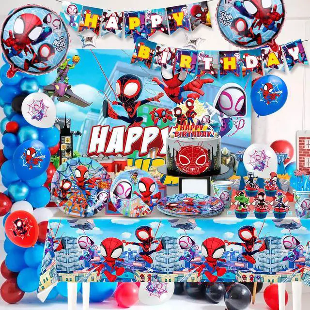 Alt view image 4 of 7 - 114 Pcs Spiderman Birthday Decorations and Party Tableware Set - Spiderman Decorations Balloons Banners and Spiderman Tablecloths Plates Cups Napkins etc Little Spiderman and Friends Party Supplies