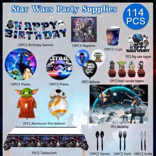 Alt view image 2 of 7 - Star Wars Party Supplies,114pcs Star Wars Party Decorations & Tableware Set-Star Wars Party Plates Napkins Cups & Star Wars Birthday Banner Balloons Cake Decorations etc Star Wars Birthday Decorations