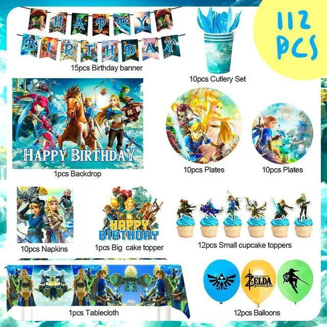 Alt view image 2 of 7 - Zelda Birthday Party Supplies,112pcs Zelda Party Decorations & Tableware Set- Zelda Birthday Decorations Balloons Banner Backdrop & Zelda Plates Cups Table Cover etc Legend Of Zelda Party Supplies