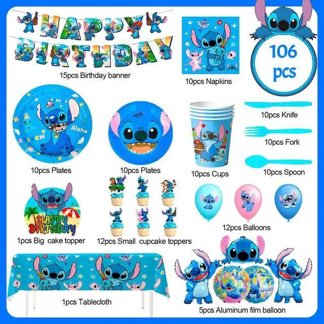 Alt view image 2 of 7 - Stitch Party Supplies,106pcs Stitch Birthday Decorations&Stitch and Angel Birthday Tableware Set - Stitch Birthday Party Balloons Banner&Stitch Party Plates Napkins etc Stitch Birthday Party Supplies