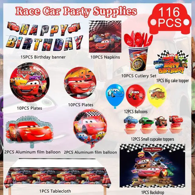 Alt view image 2 of 7 - Cars Birthday Party Supplies, 116pcs Cars Birthday Decorations & Cars Party Tableware Set - Cars Balloons Banner & Lightning Mcqueen Plates Cups Napkins etc Lightning Mcqueen Birthday Decorations