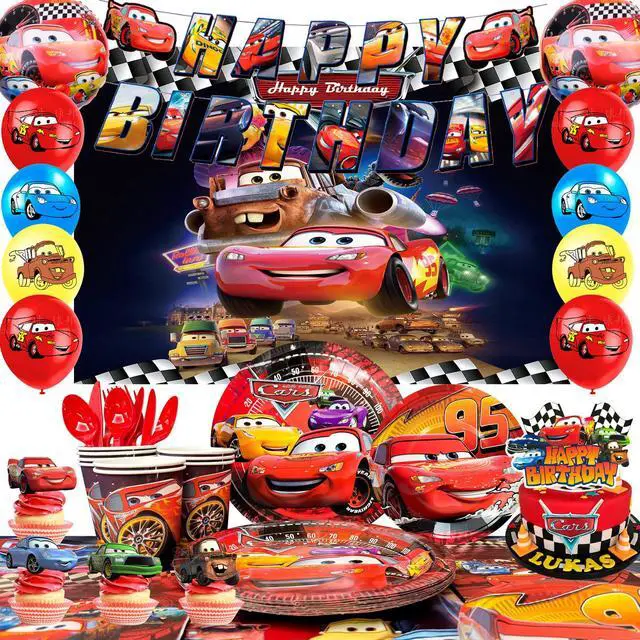 Main image of Cars Birthday Party Supplies, 116pcs Cars Birthday Decorations & Cars Party Tableware Set - Cars Balloons Banner & Lightning Mcqueen Plates Cups Napkins etc Lightning Mcqueen Birthday Decorations