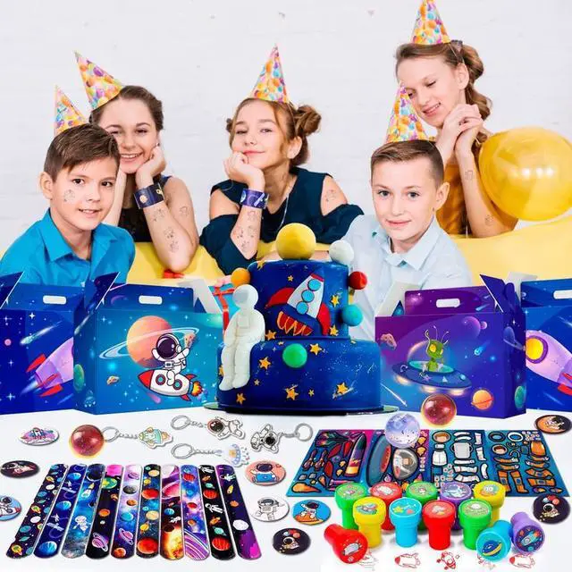 Alt view image 3 of 7 - Space Party Favors - 70pcs Space Themed Party Favors, Space Birthday Decorations Includ Space Goodie Bags Stamp Slap Bracelet etc Space Birthday Party Favors for Space Themed Birthday Party Supplies