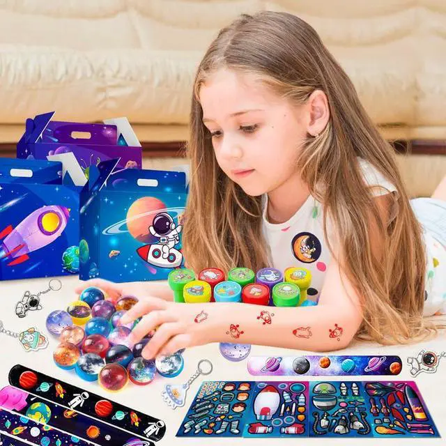 Alt view image 4 of 7 - Space Party Favors - 70pcs Space Themed Party Favors, Space Birthday Decorations Includ Space Goodie Bags Stamp Slap Bracelet etc Space Birthday Party Favors for Space Themed Birthday Party Supplies