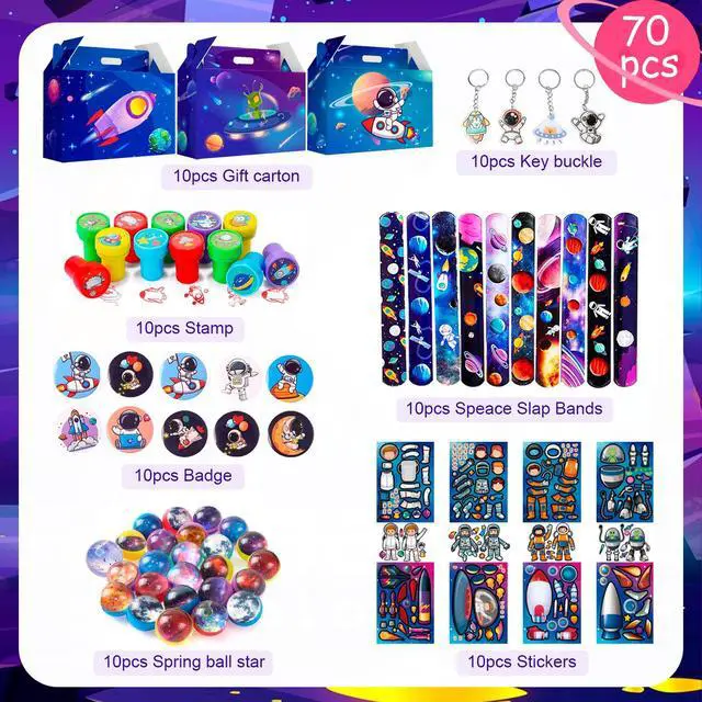Alt view image 2 of 7 - Space Party Favors - 70pcs Space Themed Party Favors, Space Birthday Decorations Includ Space Goodie Bags Stamp Slap Bracelet etc Space Birthday Party Favors for Space Themed Birthday Party Supplies
