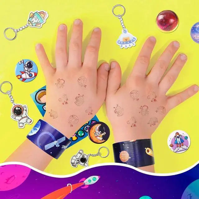 Alt view image 5 of 7 - Space Party Favors - 70pcs Space Themed Party Favors, Space Birthday Decorations Includ Space Goodie Bags Stamp Slap Bracelet etc Space Birthday Party Favors for Space Themed Birthday Party Supplies