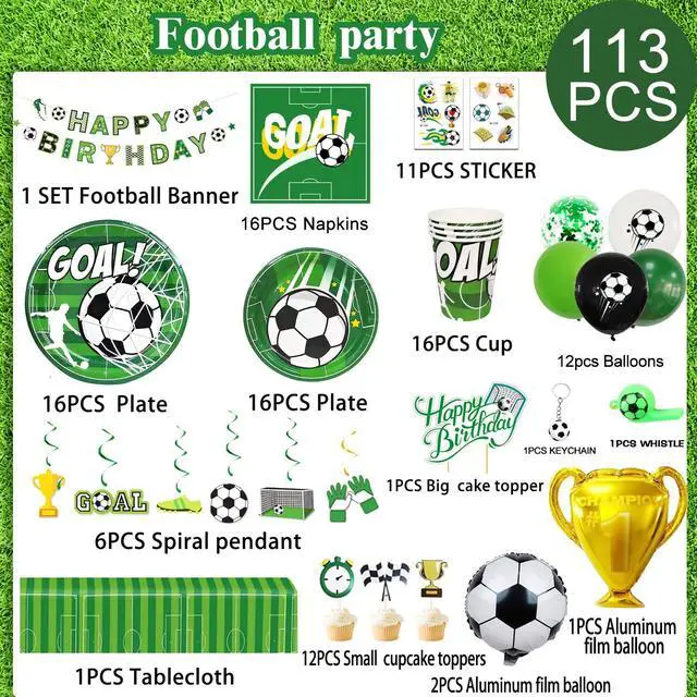Alt view image 2 of 7 - Soccer Birthday Party Supplies,181pcs Soccer Party Decorations & Tableware Set -Soccer Birthday Banner Balloons Tablecloth Plates Cups Napkins & Whistle Keychain,Ect Boys Sports Theme Birthday Decor