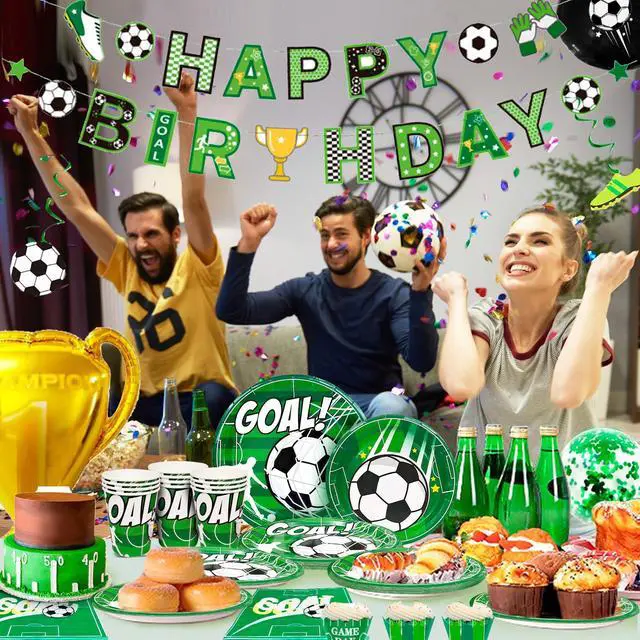 Alt view image 3 of 7 - Soccer Birthday Party Supplies,181pcs Soccer Party Decorations & Tableware Set -Soccer Birthday Banner Balloons Tablecloth Plates Cups Napkins & Whistle Keychain,Ect Boys Sports Theme Birthday Decor