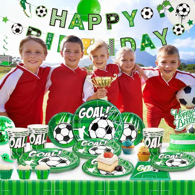 Alt view image 6 of 7 - Soccer Birthday Party Supplies,181pcs Soccer Party Decorations & Tableware Set -Soccer Birthday Banner Balloons Tablecloth Plates Cups Napkins & Whistle Keychain,Ect Boys Sports Theme Birthday Decor