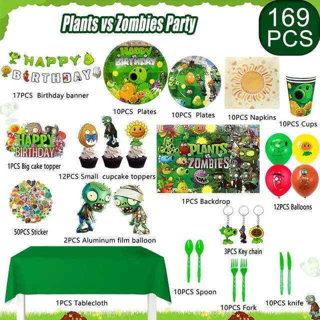 Alt view image 2 of 7 - 169 Pcs Plants Vs Play Game Zombies Party Kit Banner Balloon Backdrop Tableware