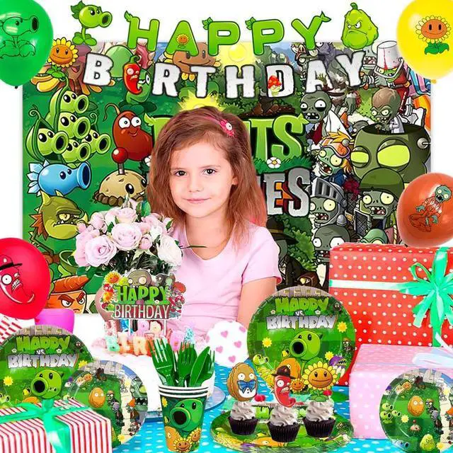 Alt view image 4 of 7 - 169 Pcs Plants Vs Play Game Zombies Party Kit Banner Balloon Backdrop Tableware