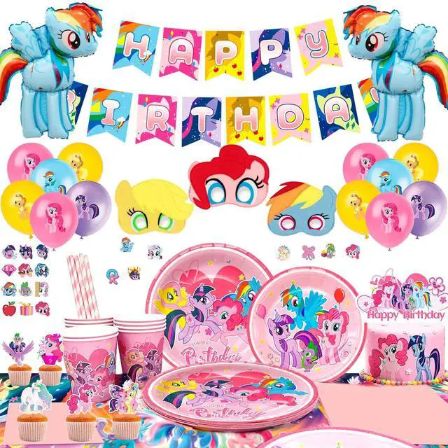 Main image of My Little Pony Birthday Party Supplies,164pcs My Little Pony Party Tableware and Decorations Set - My Little Pony Balloons Stickers Masks Cake Toppers Banner Tablecloth Plates Cups Napkins