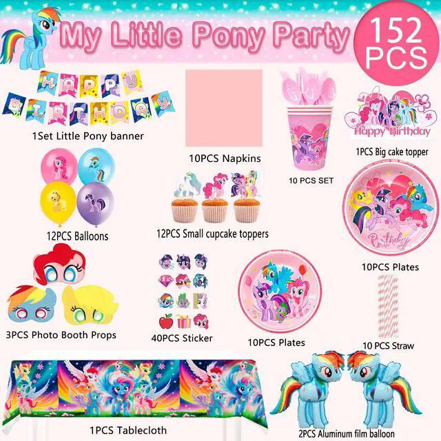 Alt view image 2 of 7 - My Little Pony Birthday Party Supplies,164pcs My Little Pony Party Tableware and Decorations Set - My Little Pony Balloons Stickers Masks Cake Toppers Banner Tablecloth Plates Cups Napkins
