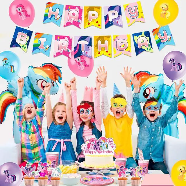 Alt view image 4 of 7 - My Little Pony Birthday Party Supplies,164pcs My Little Pony Party Tableware and Decorations Set - My Little Pony Balloons Stickers Masks Cake Toppers Banner Tablecloth Plates Cups Napkins