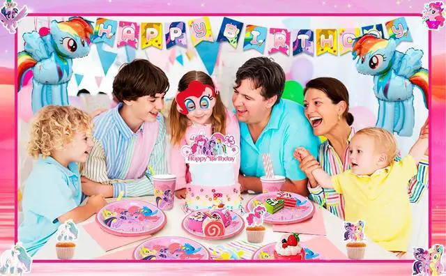 Alt view image 7 of 7 - My Little Pony Birthday Party Supplies,164pcs My Little Pony Party Tableware and Decorations Set - My Little Pony Balloons Stickers Masks Cake Toppers Banner Tablecloth Plates Cups Napkins