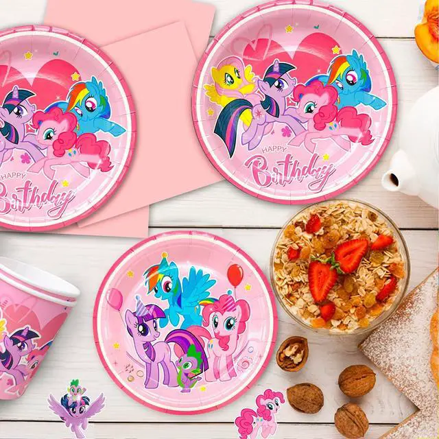 Alt view image 6 of 7 - My Little Pony Birthday Party Supplies,164pcs My Little Pony Party Tableware and Decorations Set - My Little Pony Balloons Stickers Masks Cake Toppers Banner Tablecloth Plates Cups Napkins