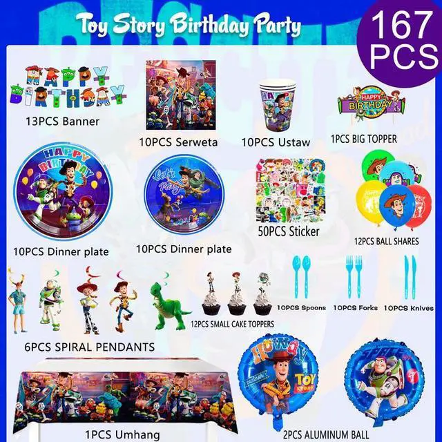 Alt view image 2 of 7 - Toy Story Birthday Party Supplies,167pcs Toy Story Party Decorations and Toys Story Party Tableware Set-Toy Story Balloons Cake Toppers Table Cloth Plates Cups Napkins etc Toy Story Party Supplies