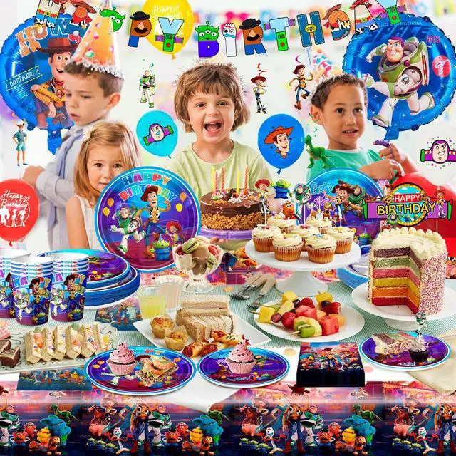 Alt view image 6 of 7 - Toy Story Birthday Party Supplies,167pcs Toy Story Party Decorations and Toys Story Party Tableware Set-Toy Story Balloons Cake Toppers Table Cloth Plates Cups Napkins etc Toy Story Party Supplies