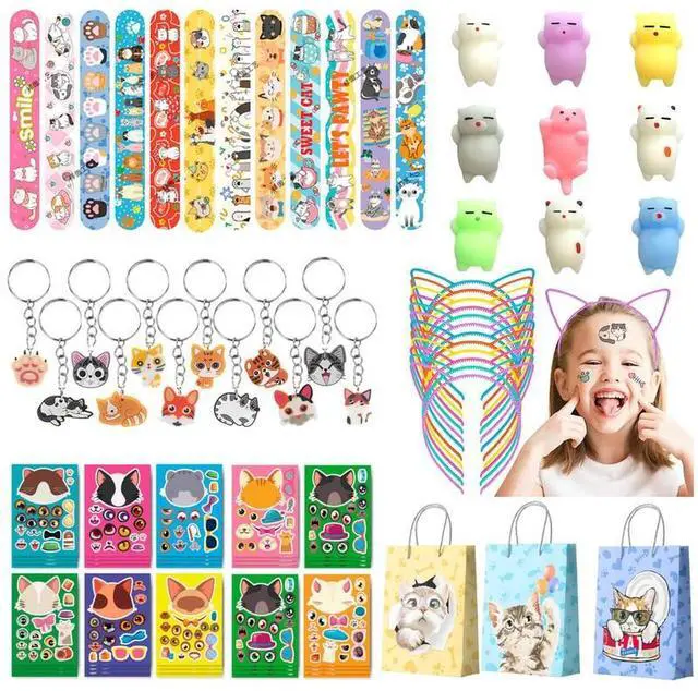 Main image of Cat Party Favors, 72pcs Kitty Party Favors Set Including Cat Goodie Bags Ears Headband Stickers Keychains Slap Bracelets etc Cat Themed Party Favors for Cat Birthday Party Decorations Supplies