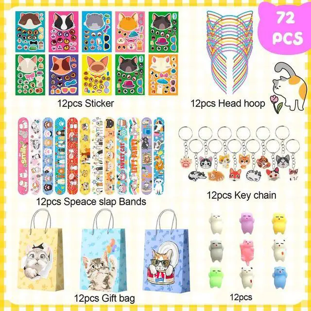 Alt view image 2 of 7 - Cat Party Favors, 72pcs Kitty Party Favors Set Including Cat Goodie Bags Ears Headband Stickers Keychains Slap Bracelets etc Cat Themed Party Favors for Cat Birthday Party Decorations Supplies