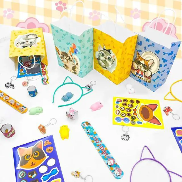 Alt view image 5 of 7 - Cat Party Favors, 72pcs Kitty Party Favors Set Including Cat Goodie Bags Ears Headband Stickers Keychains Slap Bracelets etc Cat Themed Party Favors for Cat Birthday Party Decorations Supplies