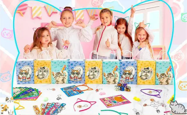 Alt view image 7 of 7 - Cat Party Favors, 72pcs Kitty Party Favors Set Including Cat Goodie Bags Ears Headband Stickers Keychains Slap Bracelets etc Cat Themed Party Favors for Cat Birthday Party Decorations Supplies