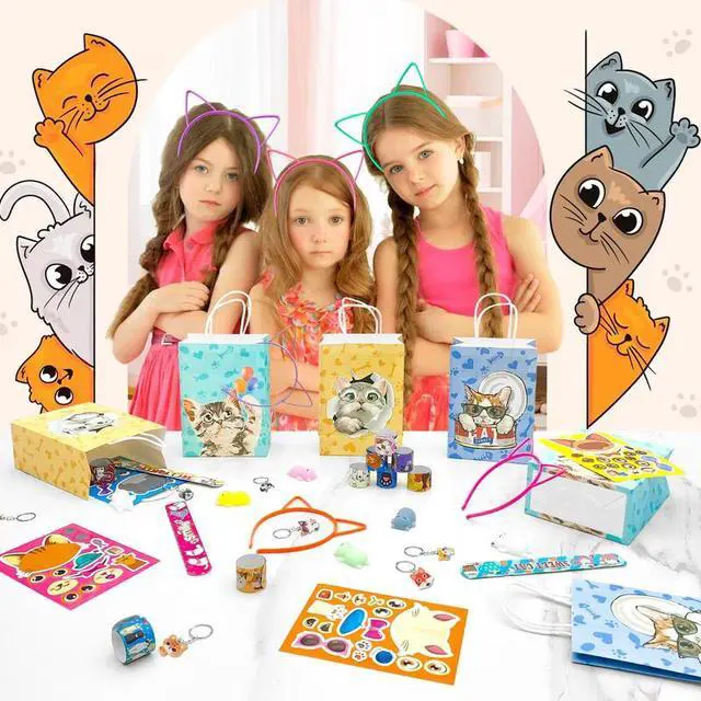 Alt view image 4 of 7 - Cat Party Favors, 72pcs Kitty Party Favors Set Including Cat Goodie Bags Ears Headband Stickers Keychains Slap Bracelets etc Cat Themed Party Favors for Cat Birthday Party Decorations Supplies