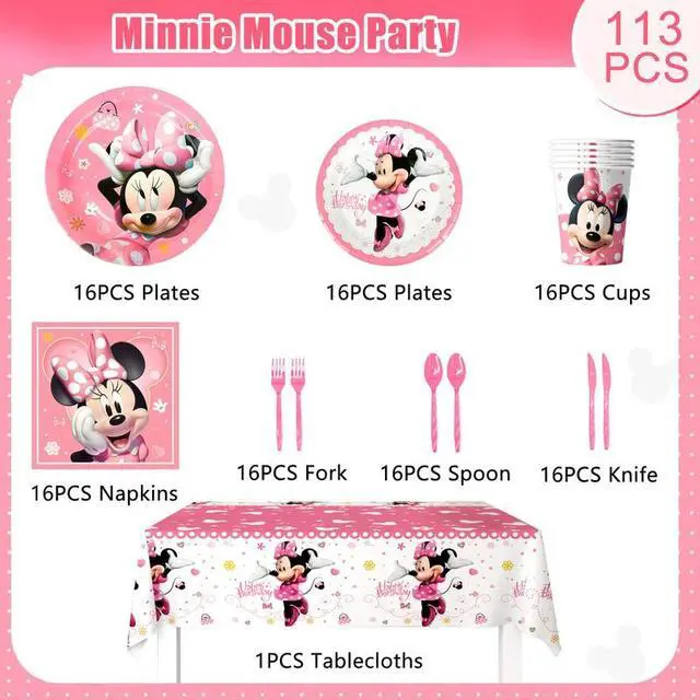 Alt view image 2 of 7 - 113 Pcs Minnie Mouse Party Decorations Tableware Set Plates Cups Tablecloth