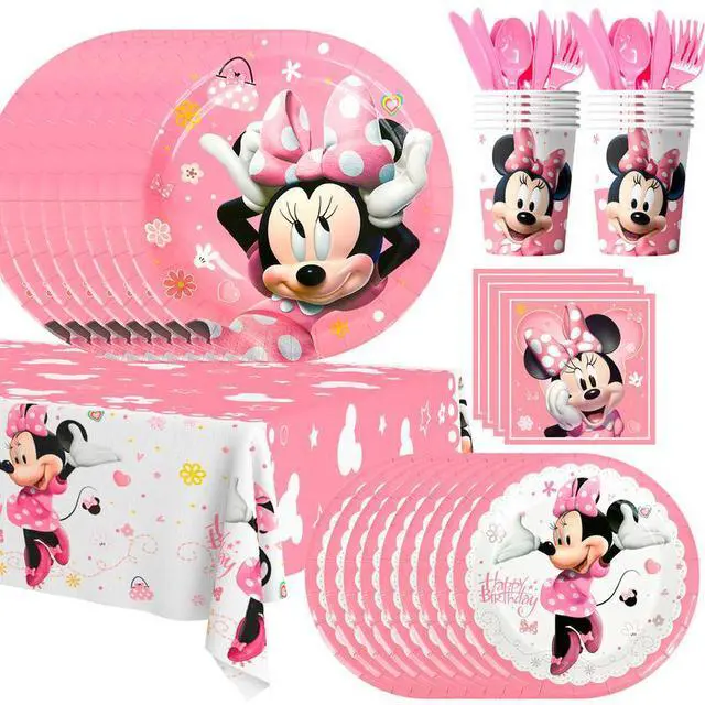 Main image of 113 Pcs Minnie Mouse Party Decorations Tableware Set Plates Cups Tablecloth