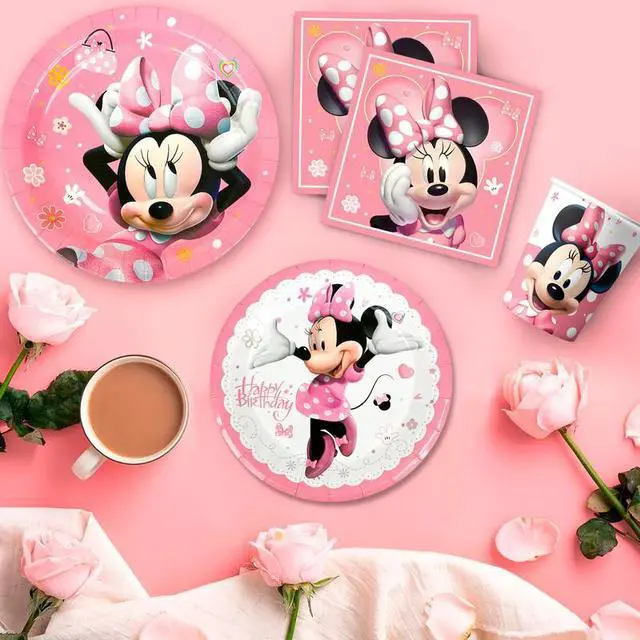 Alt view image 3 of 7 - 113 Pcs Minnie Mouse Party Decorations Tableware Set Plates Cups Tablecloth