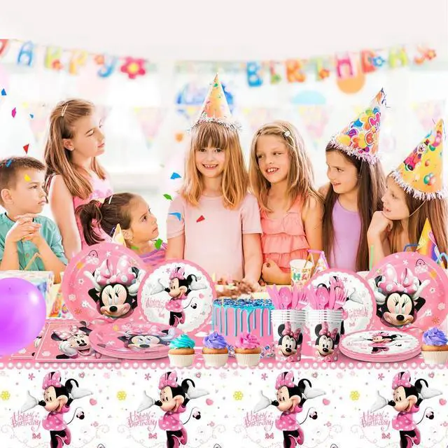 Alt view image 5 of 7 - 113 Pcs Minnie Mouse Party Decorations Tableware Set Plates Cups Tablecloth