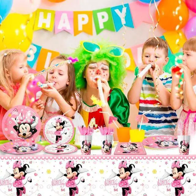 Alt view image 6 of 7 - 113 Pcs Minnie Mouse Party Decorations Tableware Set Plates Cups Tablecloth