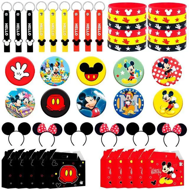 Main image of Mouse Party Favors, All-in-One Mickey Party Favors Packs - Mouse Ears Headband & Cartoon Mouse Treat Box & Mickey Party Silicone Bracelet Keychains Button Pin etc Mickey Mouse Party Supplies for Kids