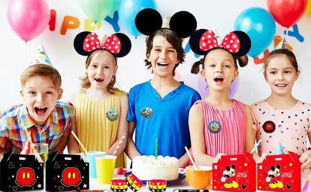 Alt view image 7 of 7 - Mouse Party Favors, All-in-One Mickey Party Favors Packs - Mouse Ears Headband & Cartoon Mouse Treat Box & Mickey Party Silicone Bracelet Keychains Button Pin etc Mickey Mouse Party Supplies for Kids