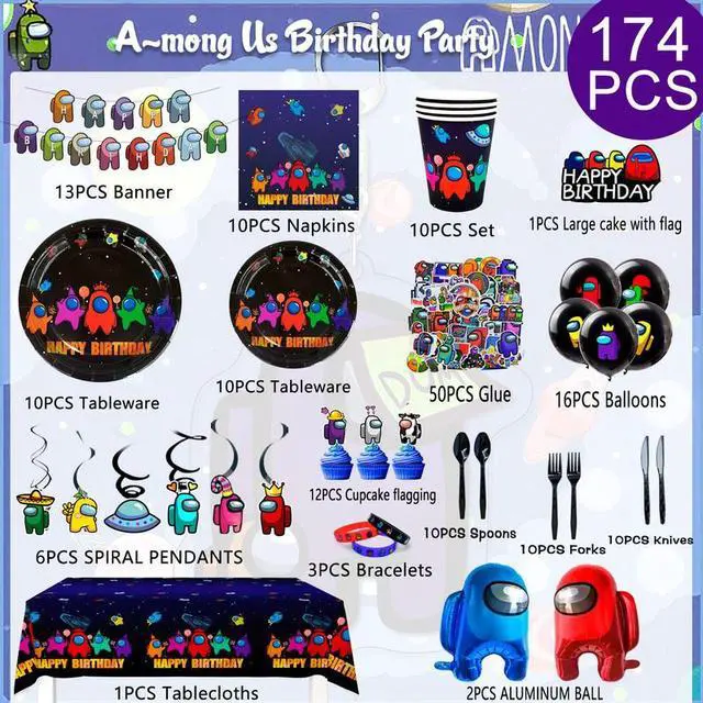 Alt view image 2 of 7 - Among Us Birthday Decorations, 174-Piece Among Us Birthday Decoration & Tableware Set - Among Us Party Decoration Banner, Balloons, Plates, Cups, Tablecloths, etc. Among Us Birthday Party Supplies