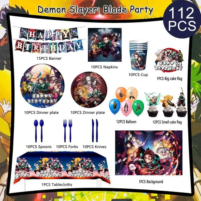 Alt view image 2 of 7 - Demon Slayer Birthday Decorations,112pcs Demon Slayer Party Decorations&Tableware Set- Demon Slayer Birthday Banner Balloons Cake Topper Backdrop Plates Cups Tablecloth etc Demon Slayer Party Supplies