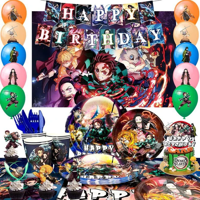 Main image of Demon Slayer Birthday Decorations,112pcs Demon Slayer Party Decorations&Tableware Set- Demon Slayer Birthday Banner Balloons Cake Topper Backdrop Plates Cups Tablecloth etc Demon Slayer Party Supplies