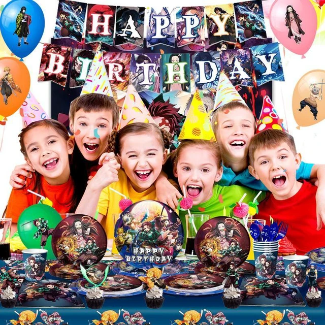 Alt view image 6 of 7 - Demon Slayer Birthday Decorations,112pcs Demon Slayer Party Decorations&Tableware Set- Demon Slayer Birthday Banner Balloons Cake Topper Backdrop Plates Cups Tablecloth etc Demon Slayer Party Supplies