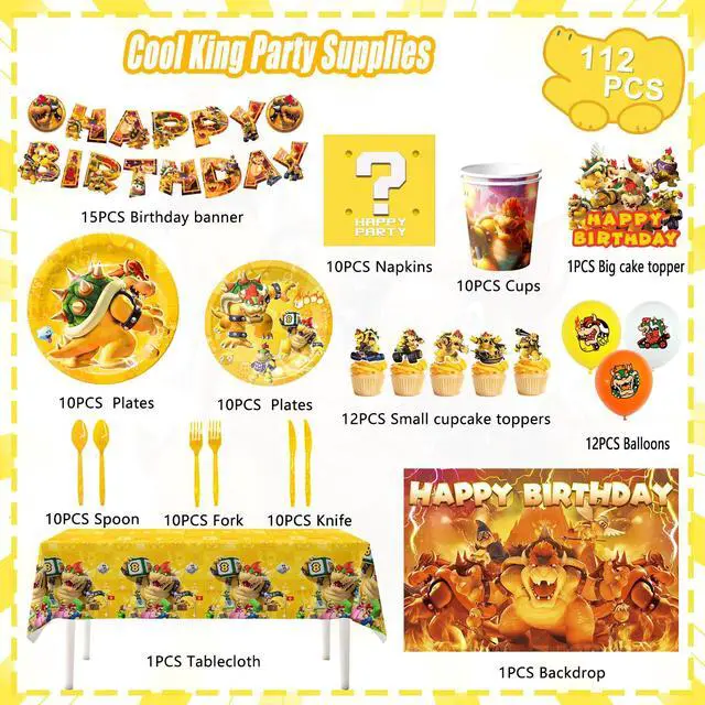 Alt view image 2 of 7 - Bowser King Koopa Party Supplies,112pcs Bowser King Koopa Party Decorations & Bowser Tableware set - Bowser King Koopa Plates Banner Cake Toppers Tablecloth etc Birthday Party Supplies for Kids
