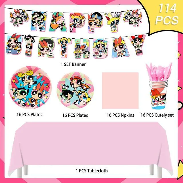 Alt view image 2 of 7 - 114 Pcs The Powerpuff Girls Birthday Party Tableware Set - The Powerpuff Girls Party Plates Napkins Cups Tablecloth & Birthday Banners for The Powerpuff Girls Theme Party Supplies Decor