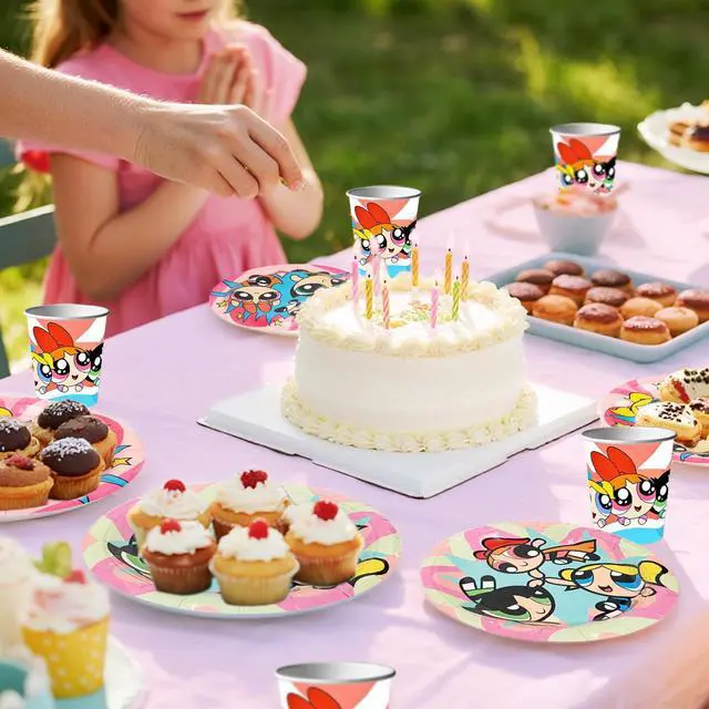 Alt view image 3 of 7 - 114 Pcs The Powerpuff Girls Birthday Party Tableware Set - The Powerpuff Girls Party Plates Napkins Cups Tablecloth & Birthday Banners for The Powerpuff Girls Theme Party Supplies Decor